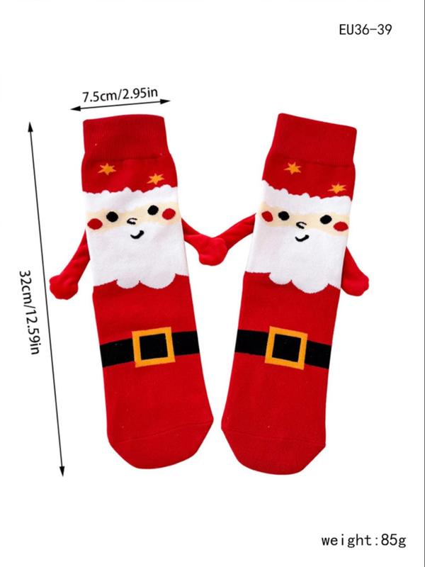 Magnetic Hand Holding Socks, Cartoon Santa Claus & Christmas Tree Pattern Crew Socks, Casual Comfy Breathable Socks for Women