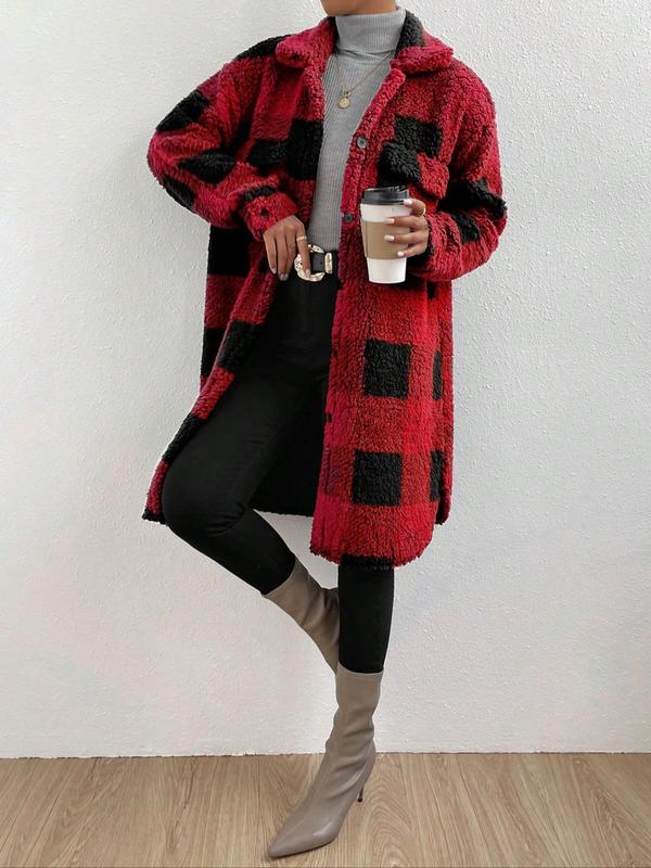 Women's Plaid Print Button Front Fuzzy Jacket, Casual Long Sleeve Collared Outerwear for Fall & Winter, Women's Clothes for Daily Wear