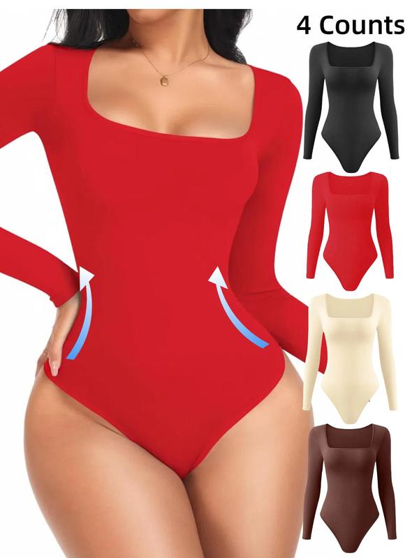 Women's Solid Square Neck Long Sleeve Shapewear Bodysuit, Casual Comfy Tummy Control Shaper, Ladies Shapewear for All Seasons Shaper Clothes