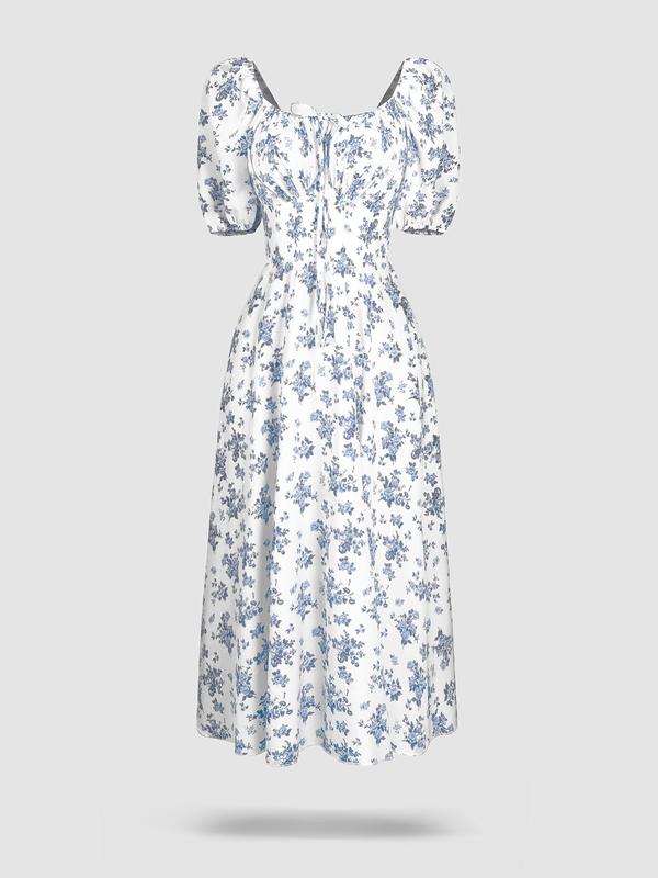 Women's Floral Print Puff Sleeve Split Thigh Tie Front A Line Vintage Dress, Boho Romantic Short Sleeve Square Neck Long Dress for Party Holiday Wedding Guest, Frenchy Style Dresses for Women, Milkmaid Dress, Summer Dresses 2024, Ladies Summer Clothes