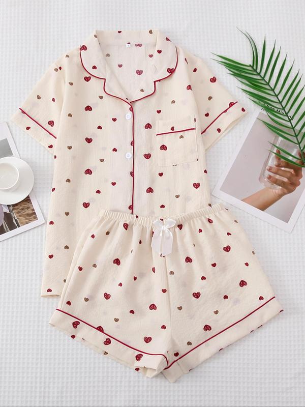 Two Counts Women's All Over Print Elastic Waist Pyjama Set, Back To School Wear, Button Front Top & Bow Decor Shorts, Summer Sleepwear, Pajama Sets Women, Nightwear Set for Women