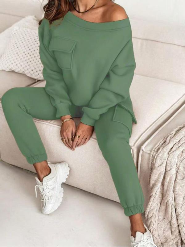 Women's Solid Asymmetrical Neck Sweatshirt & Pocket Pants Two-piece Set, Casual Fashion Cozy Breathable Two Piece Outfits for Daily Outdoor Wear, Women Clothes for Fall & Winter