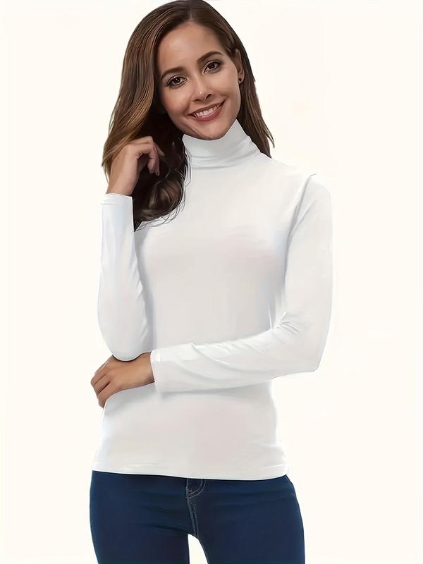 Women's Solid High Neck Long Sleeve Tee, Casual Basic Thermal Top for Fall & Winter, Ladies Clothes for Daily Wear