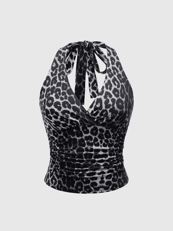 ROMWE Grunge Punk Y2K Leopard Print Halter Neck Top For Women