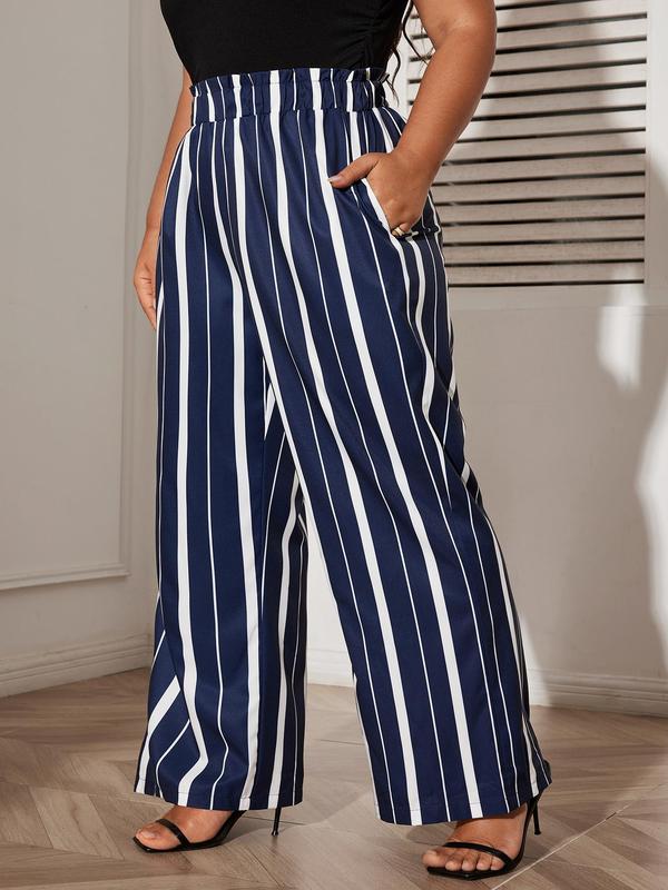 CURVZY Plus Size Striped Print Elastic Waist Wide Leg Pants, Casual High Waist Trousers for Women, Women's Bottoms for Summer & Fall, Thanksgiving Clothes, Tiktok Shop Black Friday, Black Friday Haul