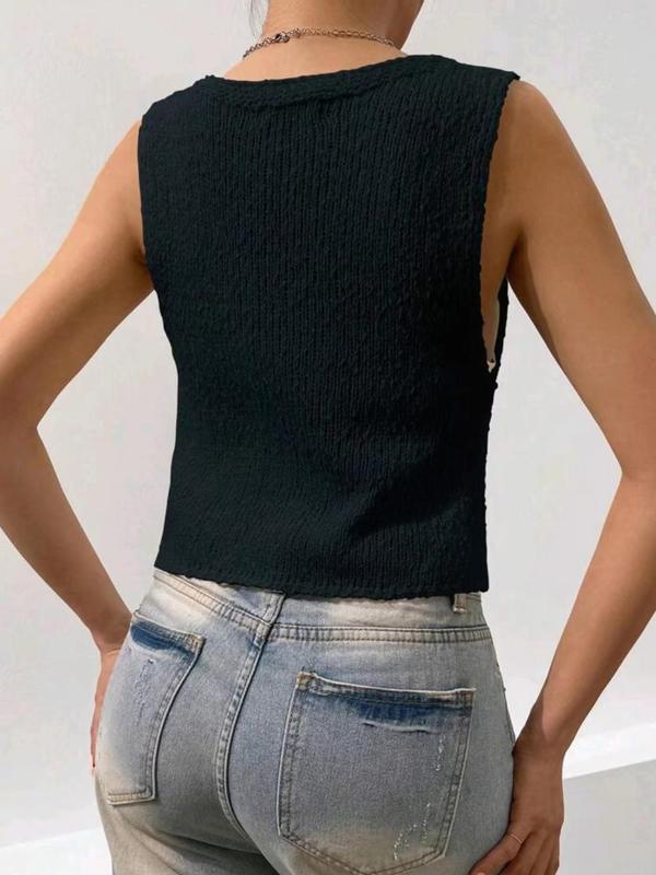 Women's Plain V Neck Hook & Eye Design Sweater Vest, Summer Outfits 2024, Crochet Vest, Casual Solid Sleeveless Knit Top for Summer, Fashion Ladies' Knitwear for Daily Wear