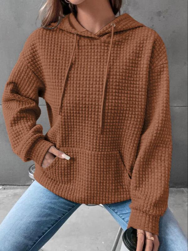 Women's Pocket Drop Shoulder Hoodie, Trendy Solid Textured Drawstring Top, Ladies Casual Long Sleeve Clothes for Fall & Winter, Womenswear