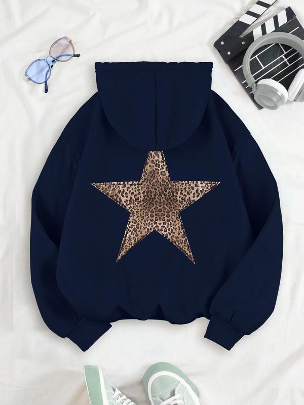 Women's Star Print Drop Shoulder Hoodie, Fashion Casual Drawstring Pocket Hooded Sweatshirt for Daily Holiday Outdoor Wear, Women Clothing for Fall & Winter