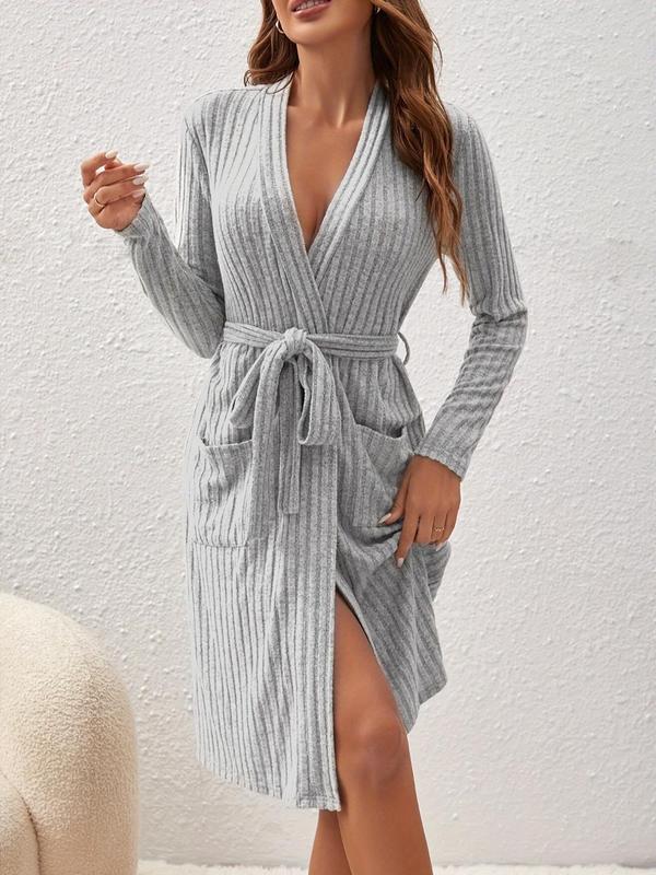 Women's Solid Belted Deep V Neck Bathrobe, Casual Long Sleeve Knee Length Robe, Ladies Sleepwear for Spring & Fall