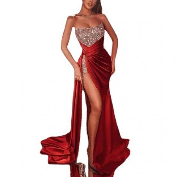 2024 women in Europe and the United States women's sequins open fork to increase the long dress sexy strapless chest swing dress evening dresses