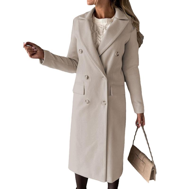 2024 Autumn and Winter New Women's Long Sleeve Polo Collar Solid Color Double Breasted Slim Fit Coat Overcoat 2024