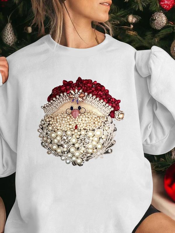 Women's Rhinestone & Faux Pearl Decor Santa Claus Print Christmas Thermal Lined Sweatshirt, Casual Drop Shoulder Long Sleeve Pullover, Women's Christmas Clothes for Daily Wear