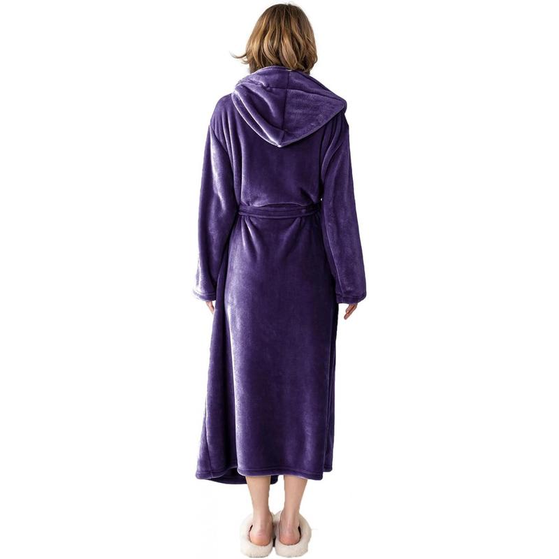 Women's Hooded Long Bathrobe, Silky Soft Lightweight Plush Fleece Robe Warm and Comfy to Wear