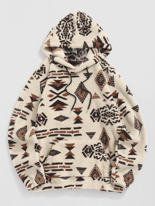 Women's Geometric Print Drawstring Fuzzy Graphic Hoodie, Casual Long Sleeve Pocket Hooded Top for Fall & Winter, Graphic Hoodie, Women's Clothes for Daily Wear, Trendy Casual Outfits 2024