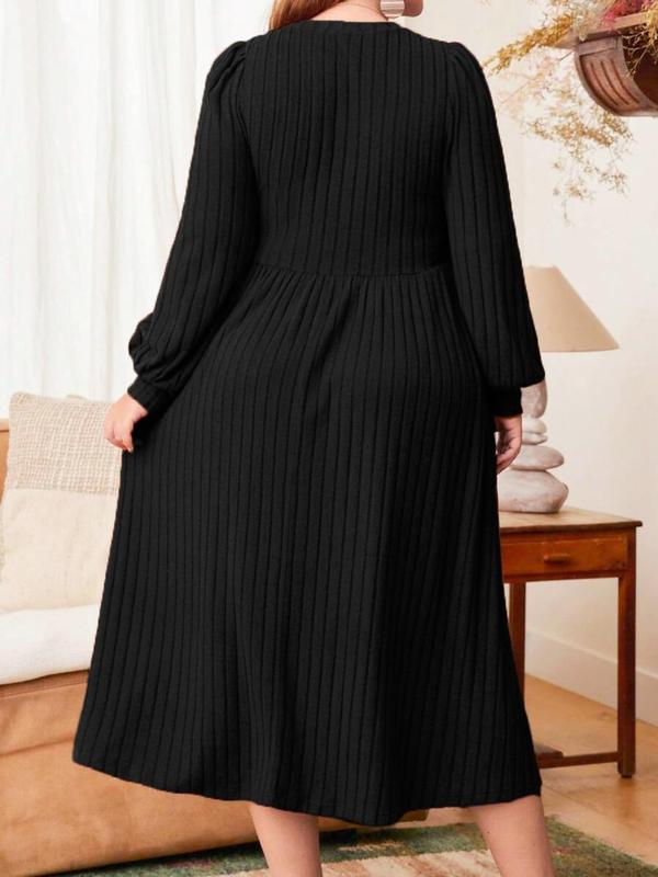 Plus Size Solid Color Bishop Sleeve A Line Dresses for Women, Elegant Long Sleeve Round Neck Ribbed Dress for Fall & Winter,  Women's Clothing, Birthday Dress for Women, Women's Clothes for Daily Vacation Party