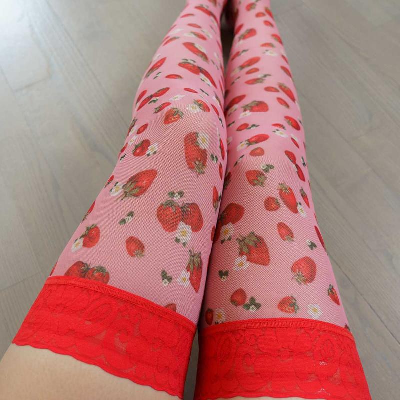 Strawberries and Cream Printed Stay Up Stockings