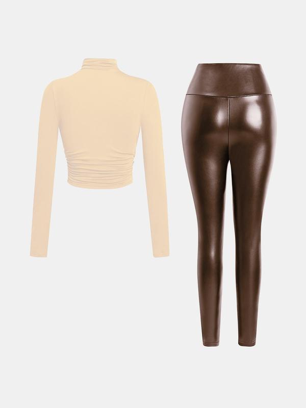 YOZY Christmas Deals, [size 8-18] Plain High Neck Ruched Tee & PU Leather Skinny Pants  Long Sleeve Top & High Waist Leggings, 2024 Women's All Seasons Outfits for Outdoor Wear, Christmas 2024 Trend, Fall & Winter Outfits