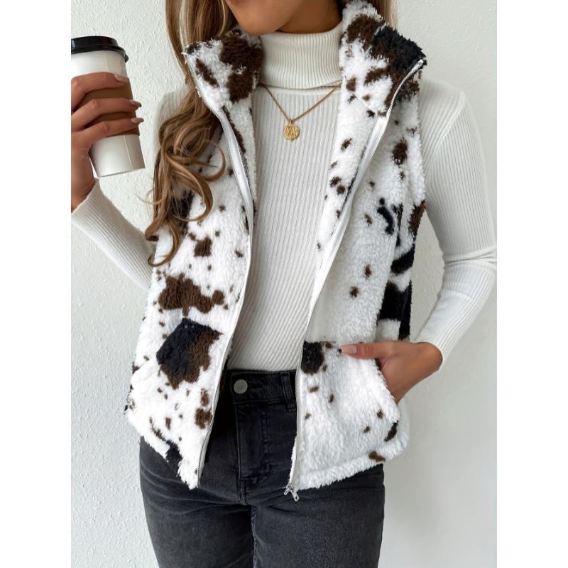 Cozy Cow Pattern Plush Vest Jacket - Soft, Warm, and Casual Sleeveless Gilet with Slant Pockets for Winter & Fall - Women's Fashion Clothing for Everyday Wear