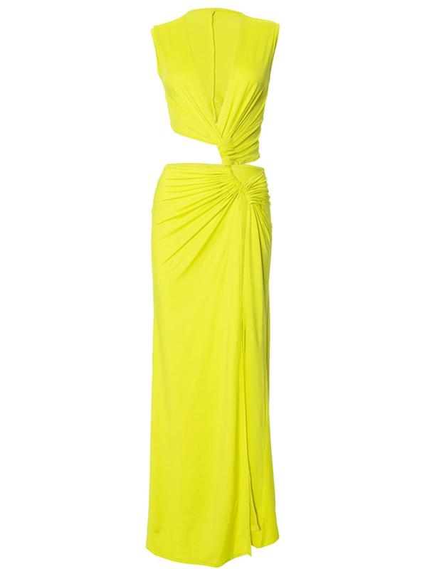 Women's Plain Cut Out Ruched Split Thigh Dress, Elegant Deep V Neck Sleeveless Maxi Dress, Ladies Summer Clothes for Party