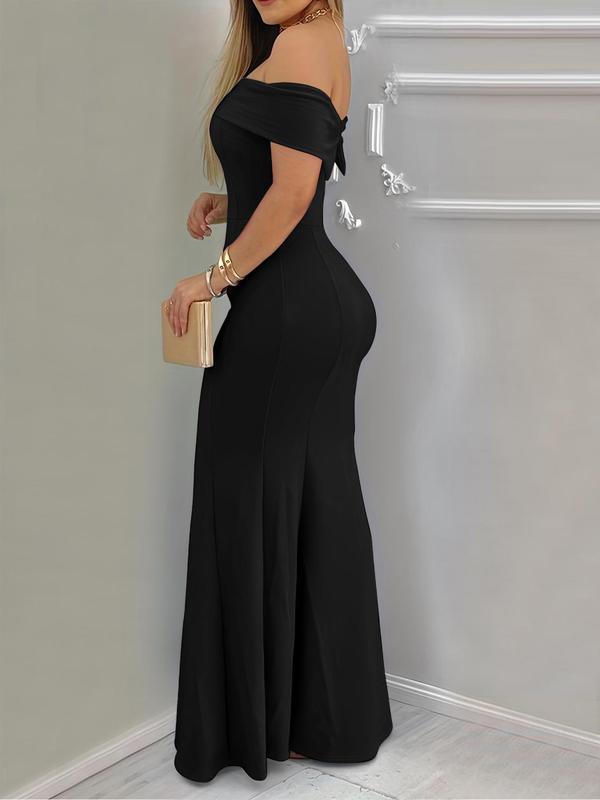 Women's Off The Shoulder Zipper Back Fit and Flare Dress, Elegant Solid Color Maxi Dress, Gowns for Party Evening Formal Occasions, Ladies' Clothes for All Seasons