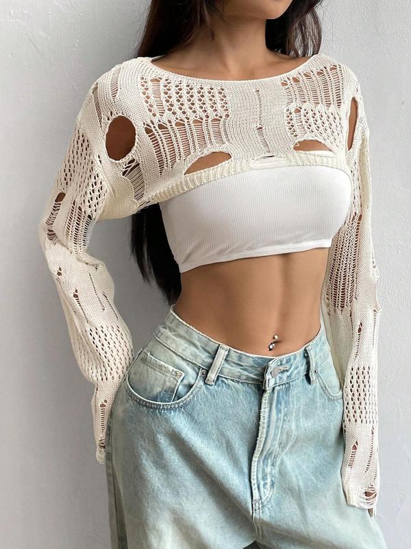 Women's Plain Ripped Boat Neck Super Crop Sweater, Casual Drop Shoulder Long Sleeve Jumper for Spring & Fall,  Sweaters for Women, Fashion Women's Knitwear for Daily Wear