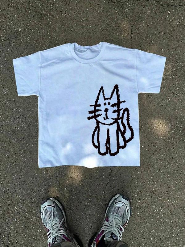 Unisex's Cat Print Round Neck Tee, Street Fashion Casual Short Sleeve T-shirt for Daily Wear, Unisex Top for Summer