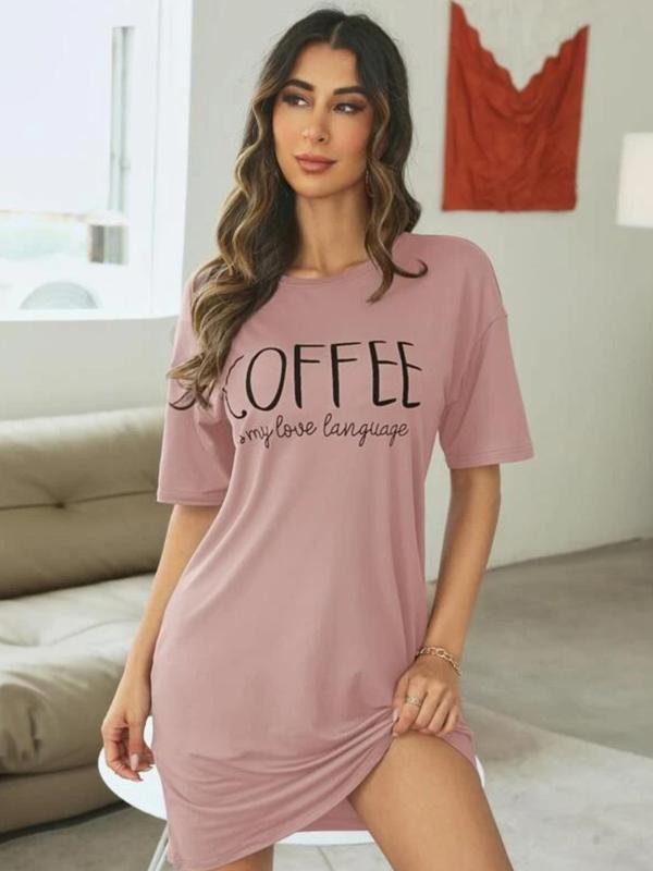 Women's Letter Print Drop Shoulder Crew Neck Nightdress PJ, Casual Soft Comfy Half Sleeve Round Neck Loungewear Dress Nighties for Summer, Women's Sleepwear for Indoor Wear, Summer Clothes Women