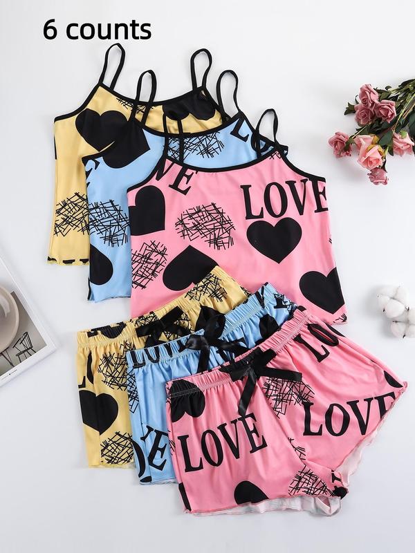 6 Piece Set Women's Heart & Letter Print Summer Pyjama Set, Girl Nightwear, Lady Casual Cute Comfortable Lettuce Trim Sleeveless Spaghetti Strap Cami Top & Bow Decor Shorts, Summer Pajamas Wear 2024, Summer Sleepwear Homewear Set, Womenswear Pajama Set