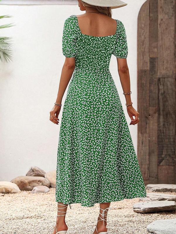 Women's Floral Print Puff Sleeve Split Thigh Tie Front A Line Vintage Dress, Boho Romantic Short Sleeve Square Neck Long Dress for Party Holiday Wedding Guest, Frenchy Style Dresses for Women, Milkmaid Dress, Summer Dresses 2024, Ladies Summer Clothes