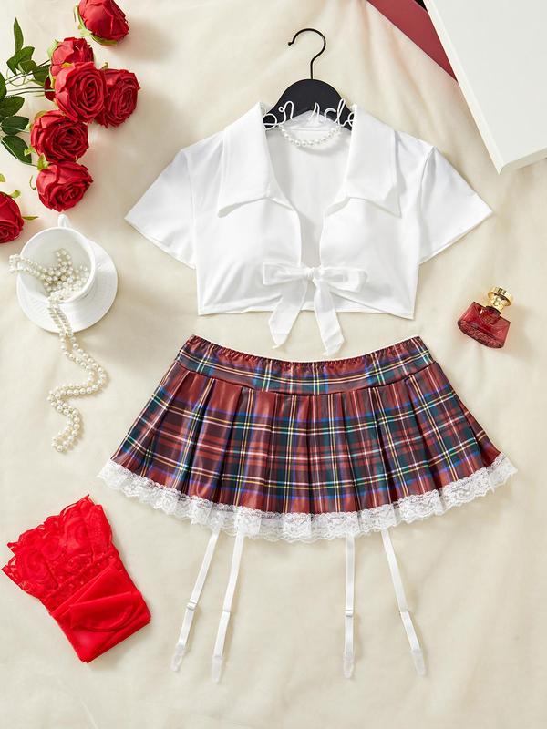 Women's Preppy Style Sexy Costume Set, Short Sleeve Collared Tie Front Crop Top & Plaid Print Mini Skirt & Lace Trim Stockings Set, Romantic Nightwear Lingerie Set for Ladies