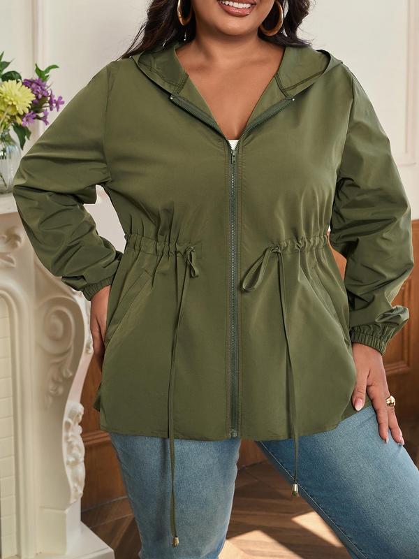 CURVZY Christmas Deals, Plus Size Solid Drawstring Pocket Zipper Hooded Coat, Casual Jackets, Long Sleeve Outerwear for Fall, Women's Clothes for Daily Wear, Christmas 2024 Trend, Fall & Winter Clothes