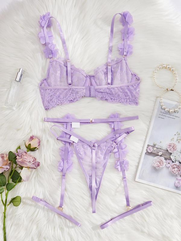 Women's Floral Appliques Lace Sexy Lingerie Three-piece Set, Sexy Comfy Breathable Bra & Thong & Garter Belt Set, Lingerie Set for Women