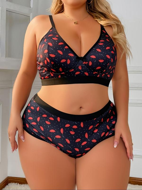 Plus Size All Over Print Bow Decor Push Up Bra & High Waist Panty Set, Casual Adjustable Strap Underwire Bra & Knicker, Women's Underwear Set