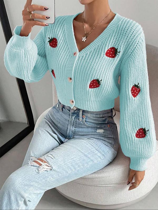 Womenswear Strawberry Embroidery Comfort Button Front Crop Cardigan, Cardigans for Women, Casual Drop Shoulder Long Sleeve V Neck Knitwear for Fall & Winter, Lady Fashion Ladies' Knit Clothing for Daily Wear