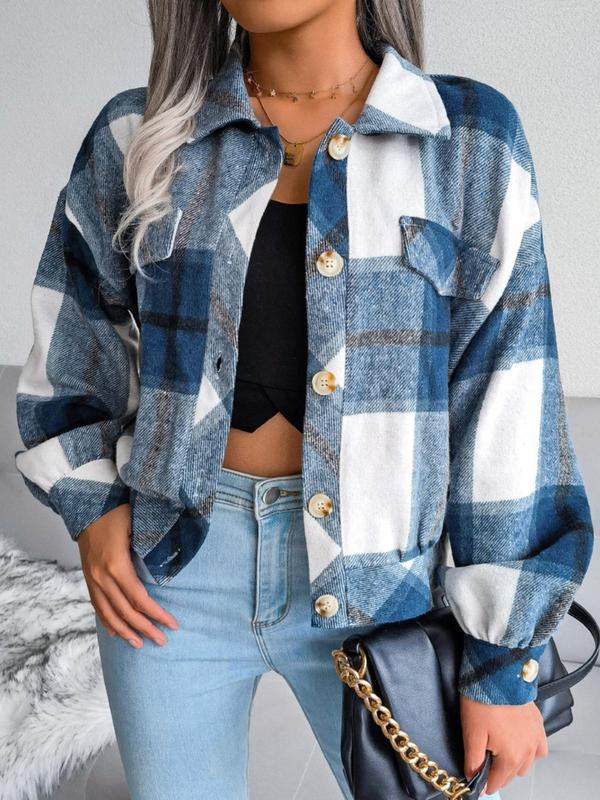 Women's Plaid Print Collared Long Sleeve Button Front Jacket, Pocket Design Drop Shoulder Button Up Outerwear, Women's Fall Tops Clothing, Preppy 80s Clothes