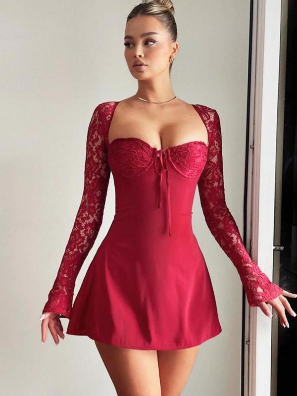 Contrast Lace Tie Backless A Line Dresses for Women, Dresses for Women, Homecoming Dresses, Birthday Dresses 2024, Elegant Sweetheart Neck Flounce Sleeve Vintage Dress, Birthday Dresses 2024, Ladies Spring & Fall Clothes for Party Club Dating