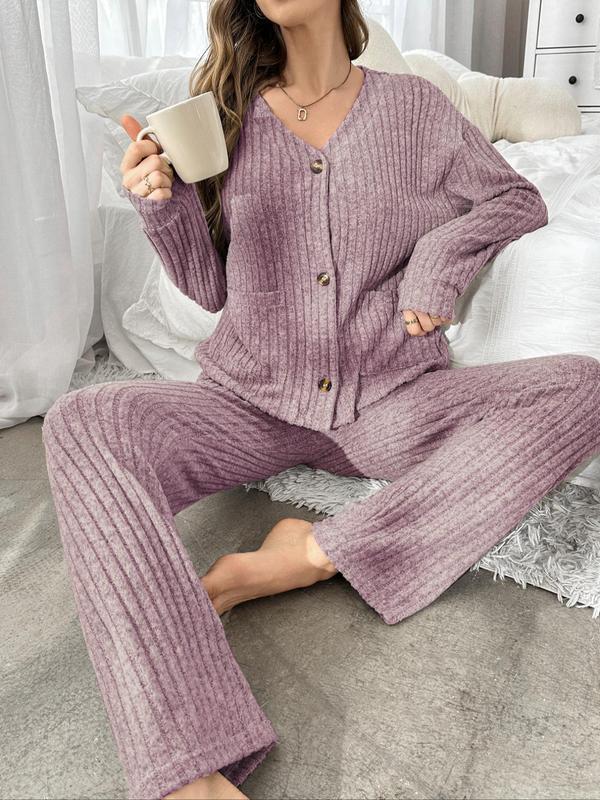 Women's Solid Drop Shoulder Pocket Top & Pants Pyjama Two-piece Set, Women Nightwear for Birthday Gifts, Casual Comfy Long Sleeve Top & Trousers Pj Set, Women's Sleepwear for Spring & Fall, Pajama Sets Women, Fall Wear, Fallfreshness