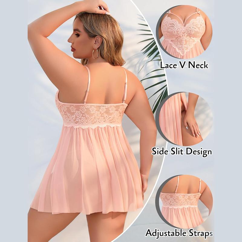 Avidlove Plus Size Lace Lingerie Women Strap Chemise Nightgown V Neck Nighty Sleepwear Side Slit Nightdress