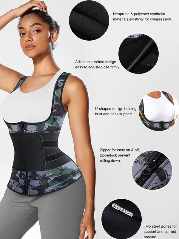 Women's Solid Color  Camo Zipper Sweating Shapewear Tank Top, High Stretch Shaper, Tummy Control Shapewear for Daily Wear