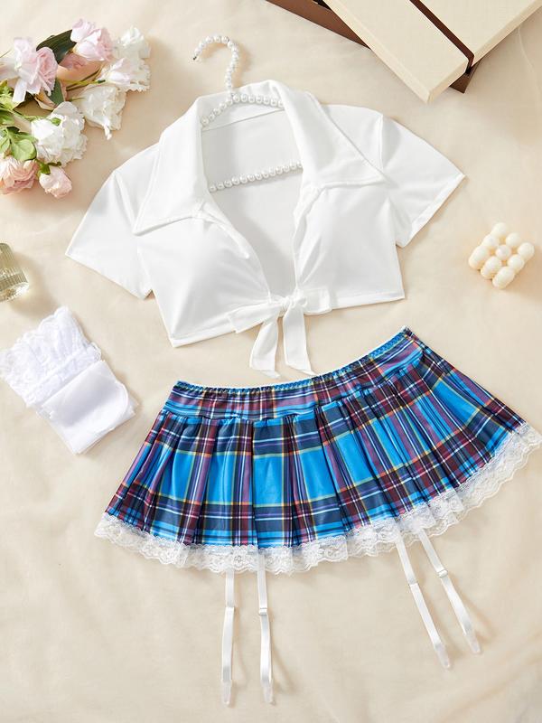 Women's Preppy Style Sexy Costume Set, Short Sleeve Collared Tie Front Crop Top & Plaid Print Mini Skirt & Lace Trim Stockings Set, Romantic Nightwear Lingerie Set for Ladies