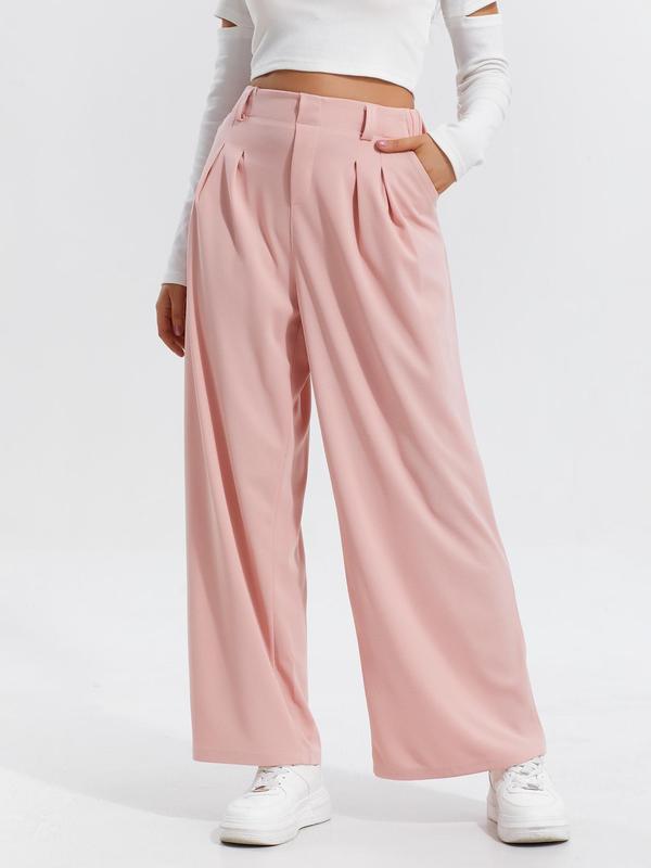 Women's Plain Plicated Elastic Waist Wide Leg Pants, Casual Comfy Pocket  Trousers for Daily Wear, Ladies Bottoms for All Seasons