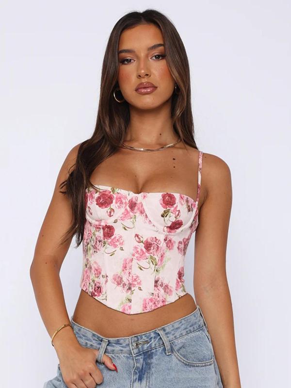 Women's Floral Print Corset Asymmetrical Hem Cami Top, Elegant Adjustable Strap Backless Crop Top for Summer, Crop Tops, Women's Clothing for Dating Daily Wear Y2K