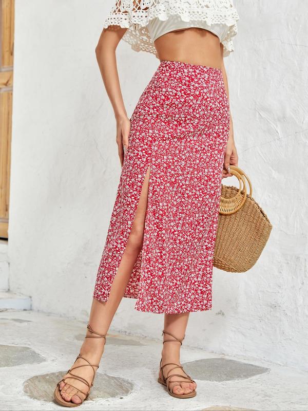 Women's Ditsy Floral Print Split Thigh A Line Vintage Skirt, Boho Casual High Waist Midi Skirt, Bohemian Bottom for Lady, Ladies Summer Clothes for Beach Holiday Vacation