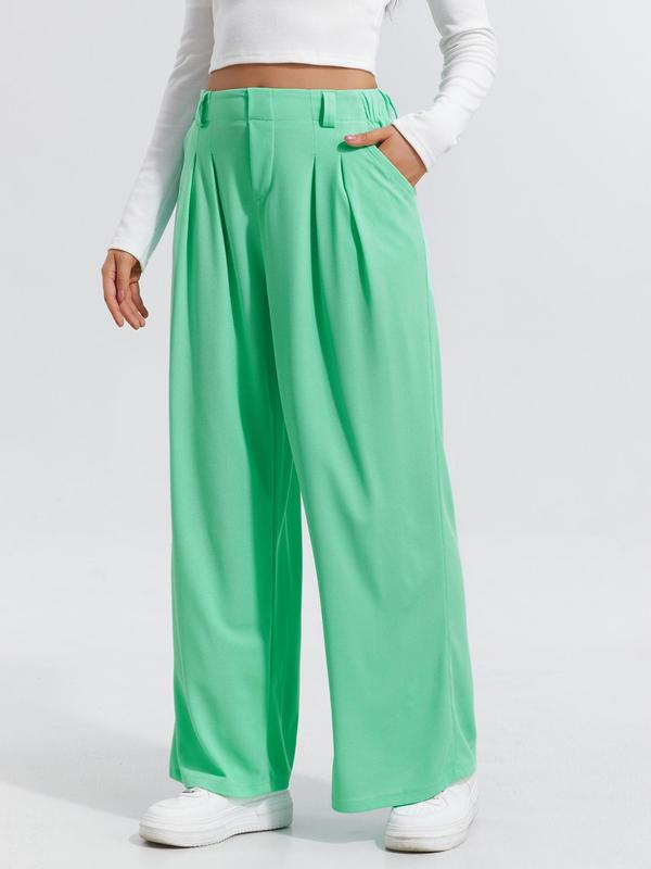 Women's Plain Plicated Elastic Waist Wide Leg Pants, Casual Comfy Pocket  Trousers for Daily Wear, Ladies Bottoms for All Seasons