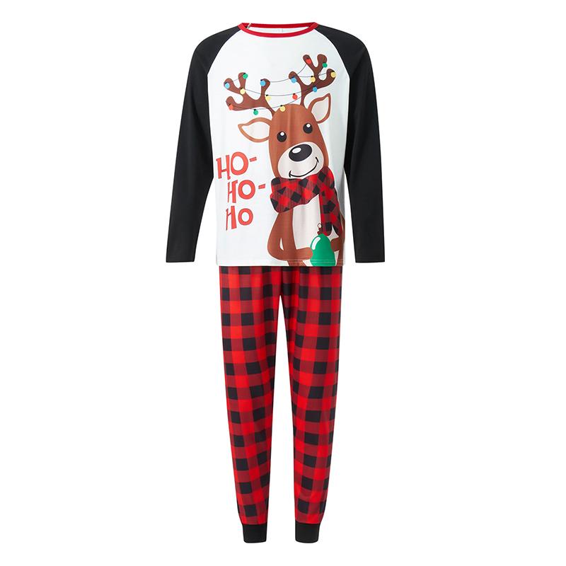 Christmas Pajamas for Family, Long Sleeve Elk Letter Print T-Shirt + Plaid Pants Set