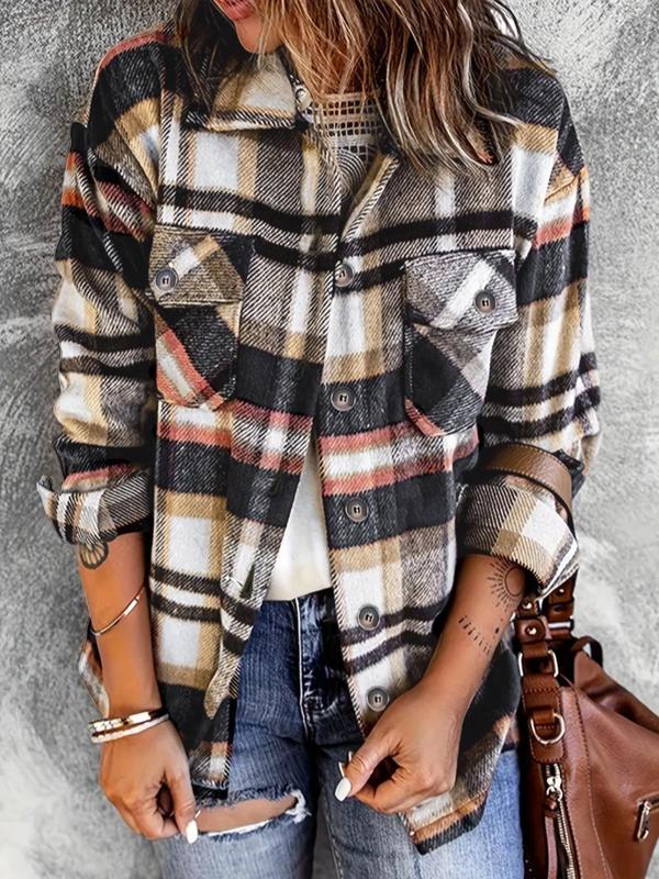 Women's Plaid Print Button Front Drop Shoulder Jacket, Casual Long Sleeve Collared Pocket Outerwear for Spring & Fall, Ladies Clothes for Daily Wear