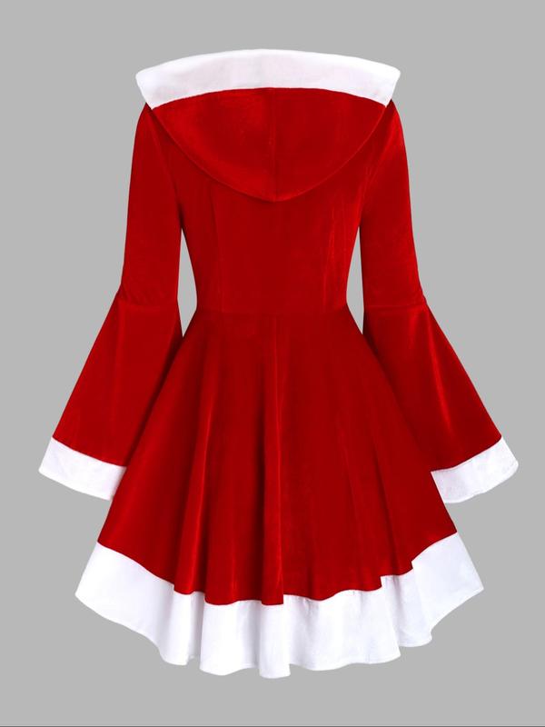  Christmas Themed Ruched Pocket Hooded Dress, Casual Long Sleeve Flounce Sleeve Dress for Party Holiday, Women's Clothing for Fall & Winter