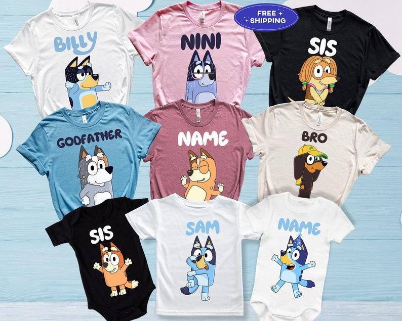 Personalized Blueey Family Matching Shirts, Custom Blueyy Birthday Party Tees, Personalized Bluey and Bingo T-shirts, Bandit Heeler Shirt, Bluey Toddler Tee, Trendy Mama Shirt, Womens Tshirt,  Gift for Cartoon Lover, Blue Family Character T-shirt