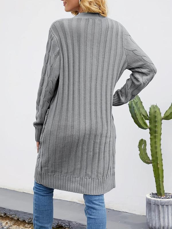 Cable Knit Pockets Button Longline Cardigan, Lady Knitting Tops, Fitted Longsleeves V Neck Galentines Night, Minimalist Womenswear, Ladies Knit Outerwear, Long Cardigan Women 2024