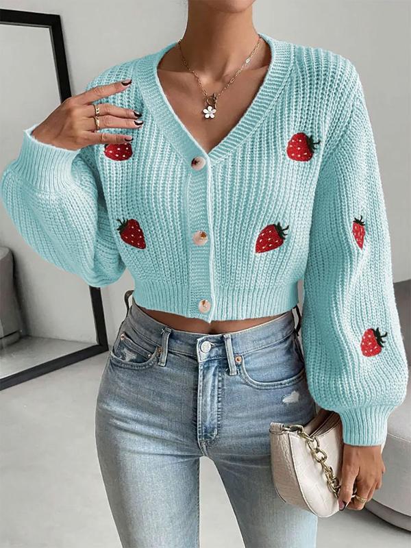 Womenswear Strawberry Embroidery Comfort Button Front Crop Cardigan, Cardigans for Women, Casual Drop Shoulder Long Sleeve V Neck Knitwear for Fall & Winter, Lady Fashion Ladies' Knit Clothing for Daily Wear